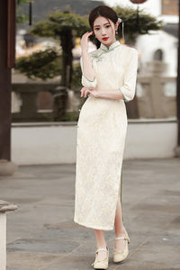 Spring Lace Slim Fit Long Dress | Chinese Style Cheongsam