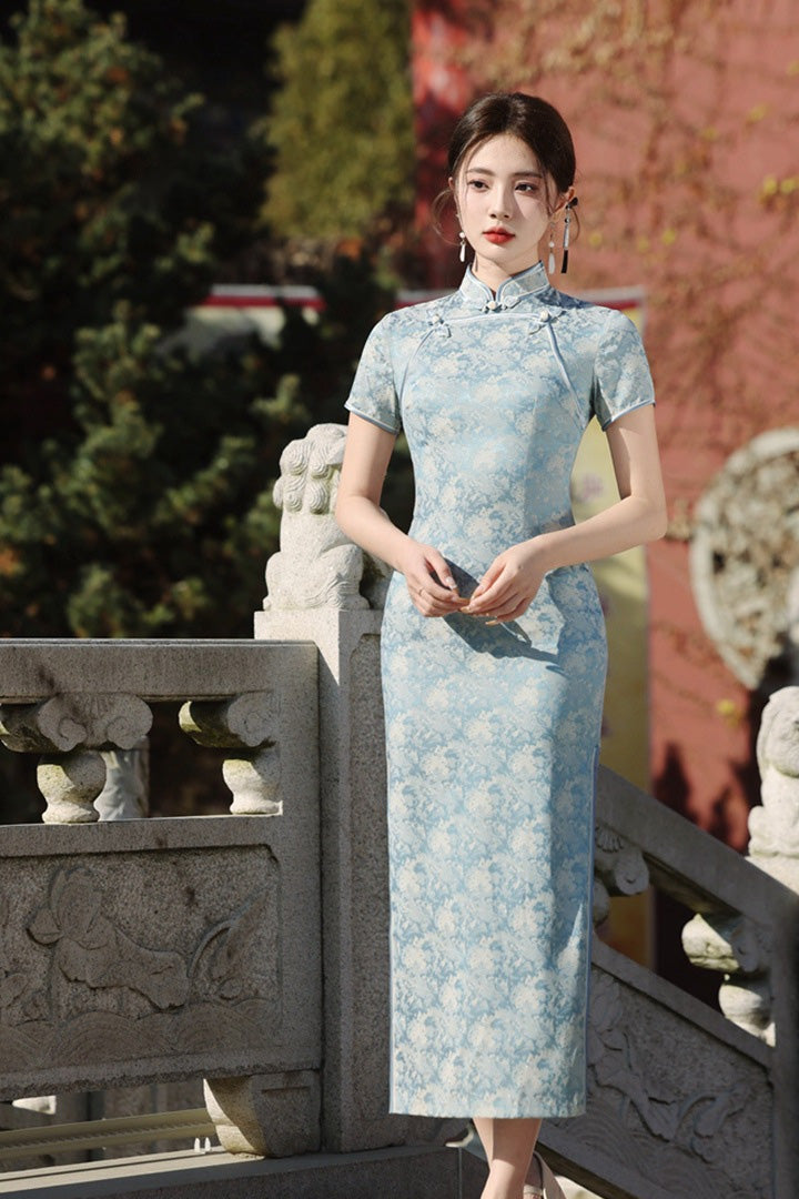 Spring Vintage Jacquard Qipao | Chinese Slim Elegant Short Sleeve Dress