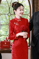 Spring Red Jacquard Long Cheongsam | Classic Chinese Wedding Tea Ceremony Dress