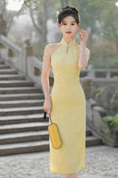 Spring Vintage Halter Neck Cheongsam Gown | Elegant Shoulder-Baring Slit Dress