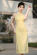 Spring Vintage Halter Neck Cheongsam Gown | Elegant Shoulder-Baring Slit Dress