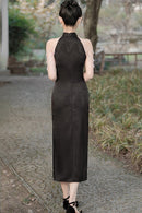 Spring Vintage Halter Neck Cheongsam Gown | Elegant Shoulder-Baring Slit Dress