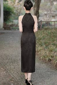Spring Vintage Halter Neck Cheongsam Gown | Elegant Shoulder-Baring Slit Dress