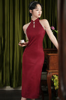 Spring Vintage Halter Neck Cheongsam Gown | Elegant Shoulder-Baring Slit Dress