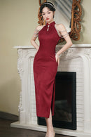 Spring Vintage Halter Neck Cheongsam Gown | Elegant Shoulder-Baring Slit Dress