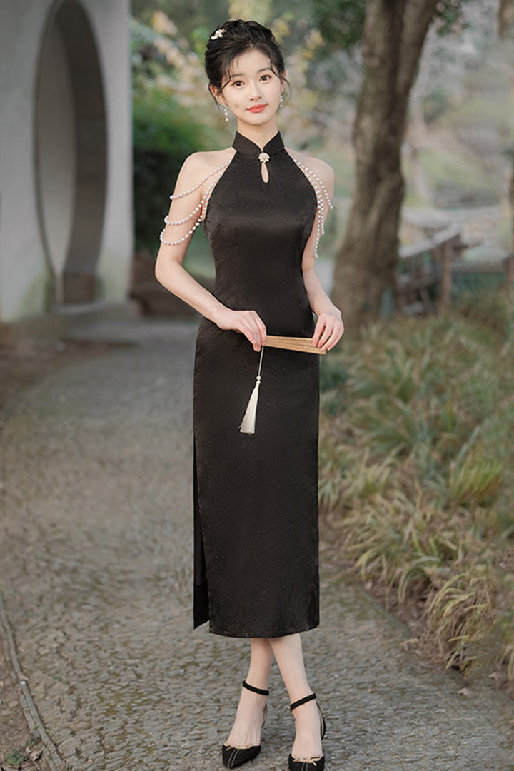 Spring Vintage Halter Neck Cheongsam Gown | Elegant Shoulder-Baring Slit Dress