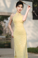 Spring Vintage Halter Neck Cheongsam Gown | Elegant Shoulder-Baring Slit Dress