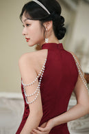 Spring Vintage Halter Neck Cheongsam Gown | Elegant Shoulder-Baring Slit Dress