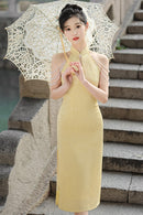 Spring Vintage Halter Neck Cheongsam Gown | Elegant Shoulder-Baring Slit Dress