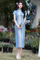 Summer Blue White Striped Retro Qipao | Slim Fit Vintage Cheongsam Dress