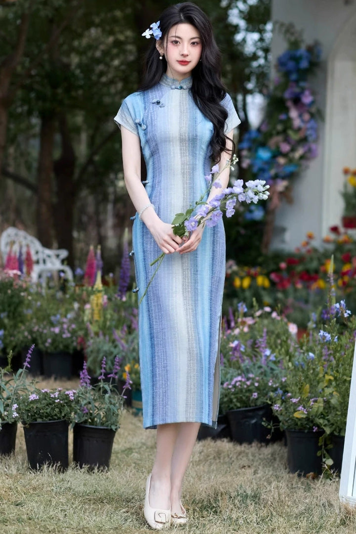 Summer Blue White Striped Retro Qipao | Slim Fit Vintage Cheongsam Dress