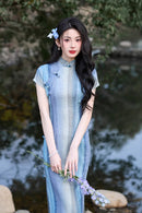 Summer Blue White Striped Retro Qipao | Slim Fit Vintage Cheongsam Dress