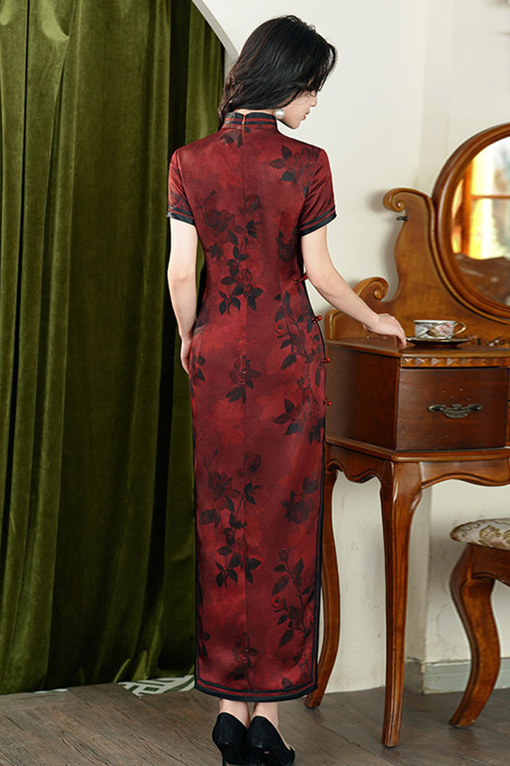Summer Red Vintage Short Sleeve Qipao | Slim Fit Long Cheongsam Dress