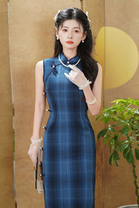 Summer Sleeveless Blue Vintage Qipao | Slim Fit Elegant Cheongsam Dress