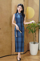 Summer Sleeveless Blue Vintage Qipao | Slim Fit Elegant Cheongsam Dress