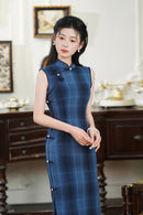 Summer Sleeveless Blue Vintage Qipao | Slim Fit Elegant Cheongsam Dress