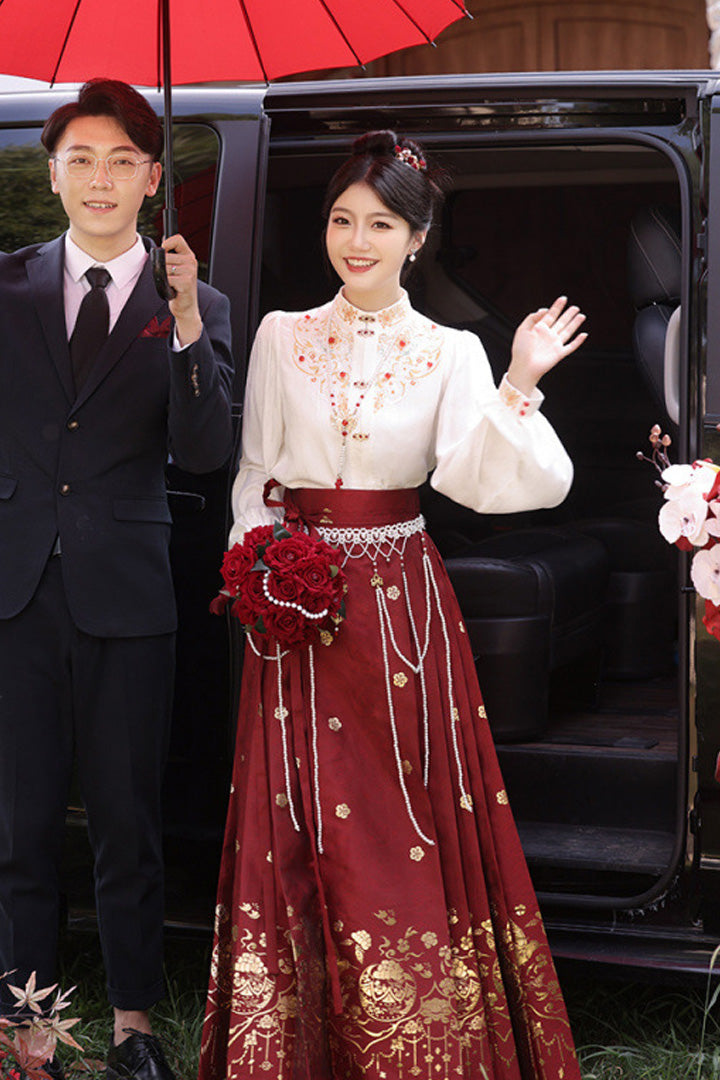 Winter Bridal Embroidered Hanfu Set | Wedding Mamianqun Set with Waist Chain