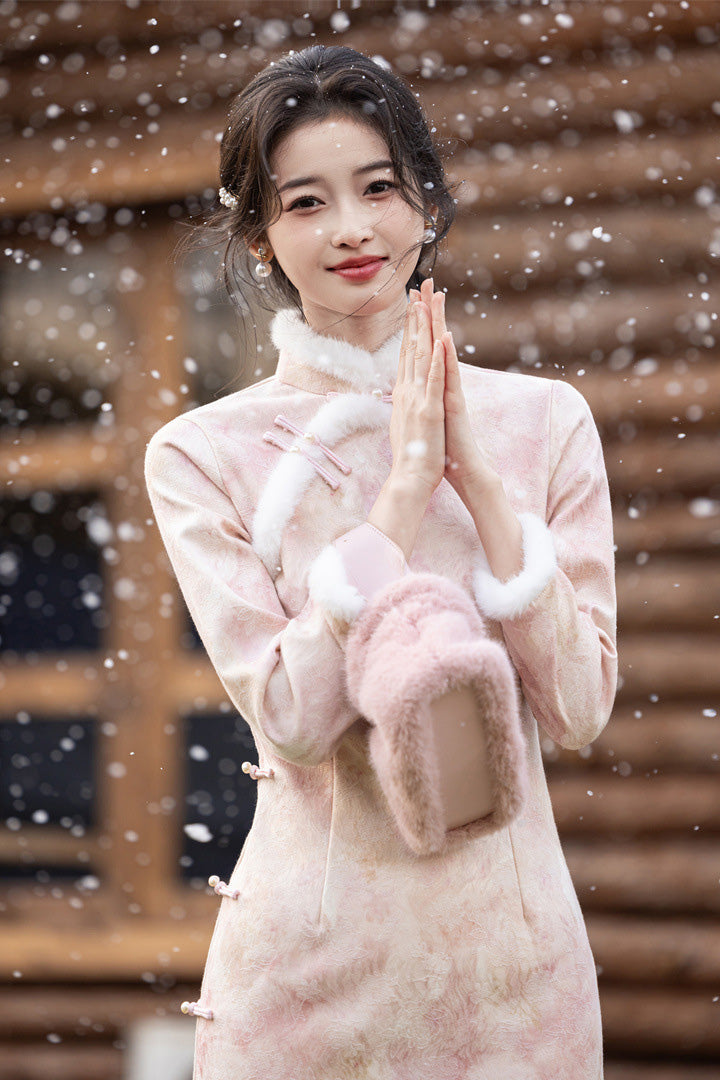 Winter Fur Collar Qipao | Long Thick Warm Elegant Dress