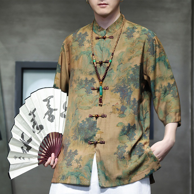 Traditional Chinese Men's Shirt With Scenic Landscape Design