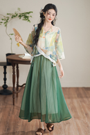 New Chinese Style Two-Piece Set with Flowing Green Skirt