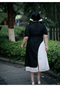 Traditional Black and White Cheongsam Dress Bamboo Print Asymmetrical