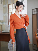 Elegant Hanfu Two-Piece Set – Orange Wrap Top and Black Skirt