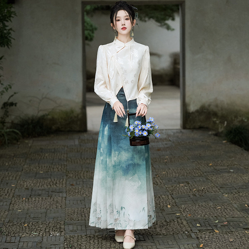 Elegant Hanfu-Inspired Two-Piece Set with Printed Gradient Skirt