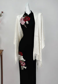 Elegant Black Embroidered Mudan Cheongsam | Vintage Sleeveless Slim Long Dress