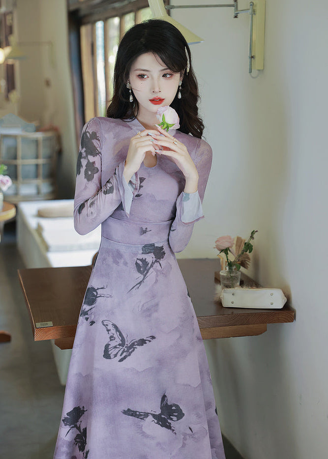 Purple Butterfly Print Short Qipao Dress for Women | Mandarin Collar Frog Buttons Keyhole Long Sleeve Slim Fit