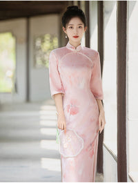 Pink Floral Three-Quarter Sleeve Mandarin Collar Qipao Dress