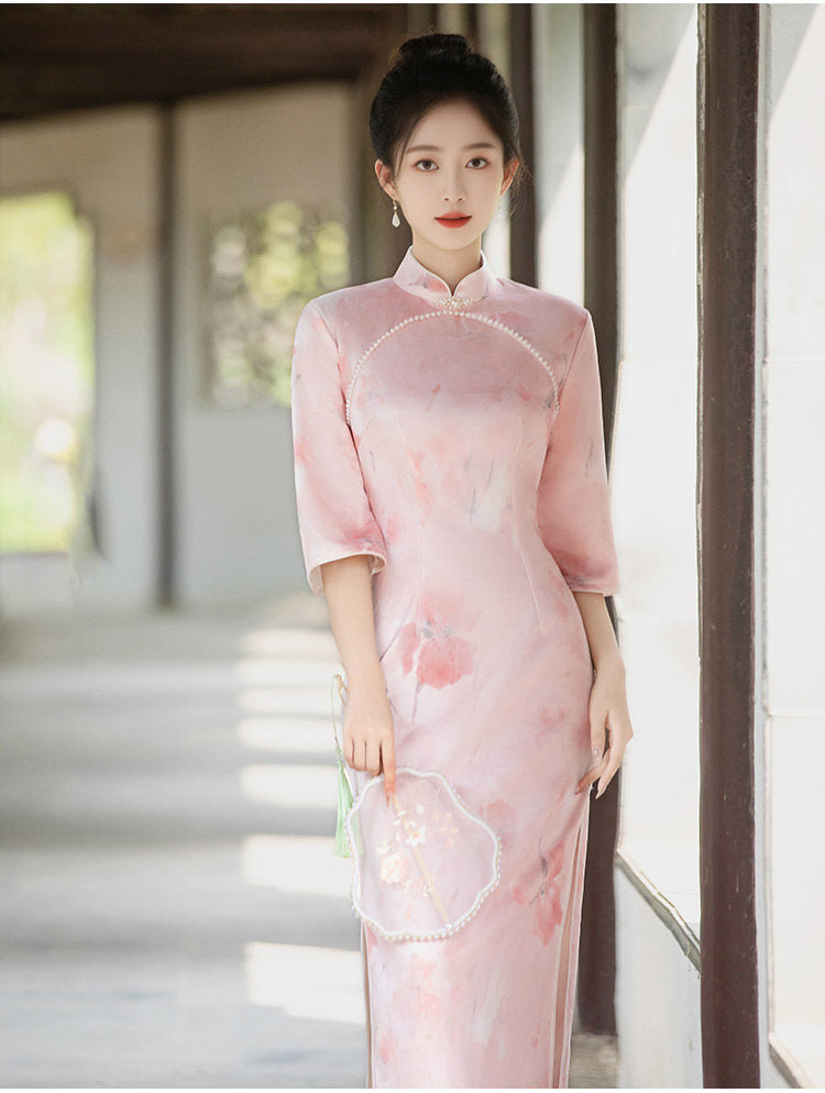 Pink Floral Three-Quarter Sleeve Mandarin Collar Qipao Dress