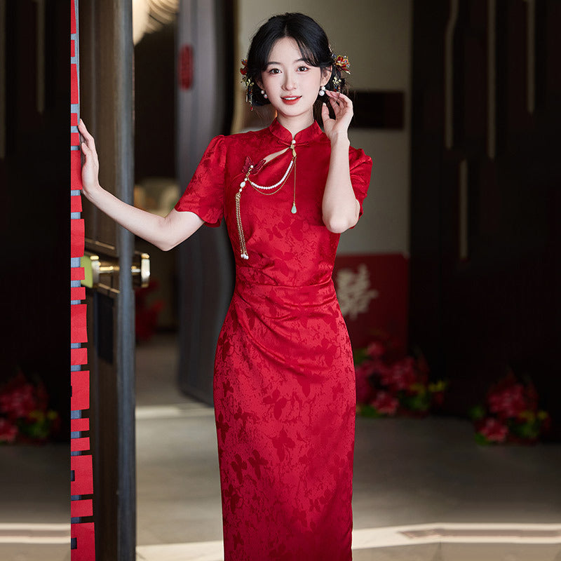 Red Floral Short Sleeve Mandarin Collar Wedding Qipao Dress