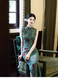 Green Floral Sleeveless Mandarin Collar Slim Qipao Dress
