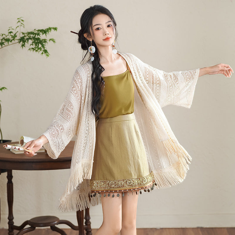 New Chinese Style Three-Piece Set with Embroidered Skirt, Tank Top, and Fringe Cardigan