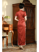 Vintage Red Polka Dot Cheongsam with Pearl Trim and Mandarin Collar