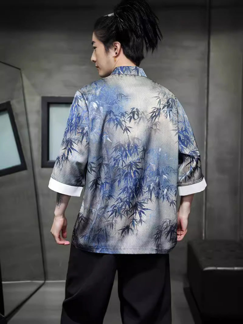 Chinese Vintage Men's Tang Linen Shirt with Bamboo Leaf Embroidery Designs