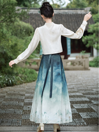 Elegant Hanfu-Inspired Two-Piece Set with Printed Gradient Skirt