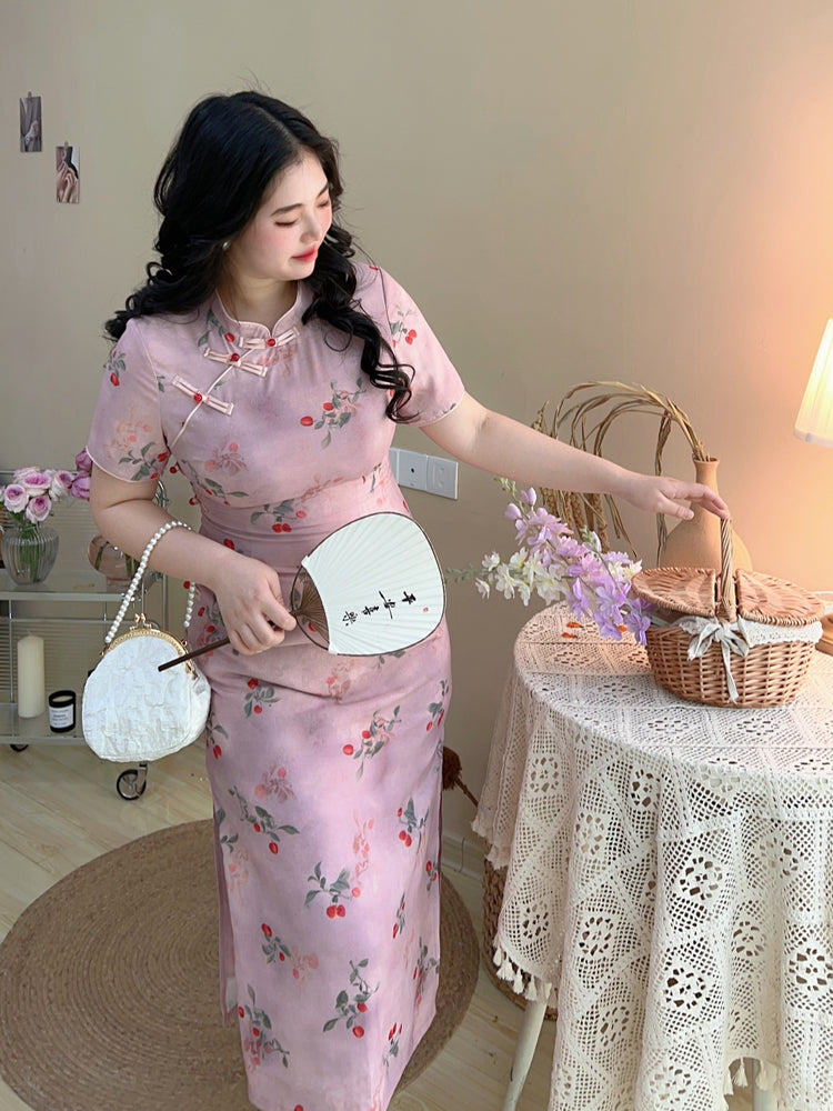 Elegant Pink Cherry Blossom Cheongsam Dress with Delicate Button Detailing