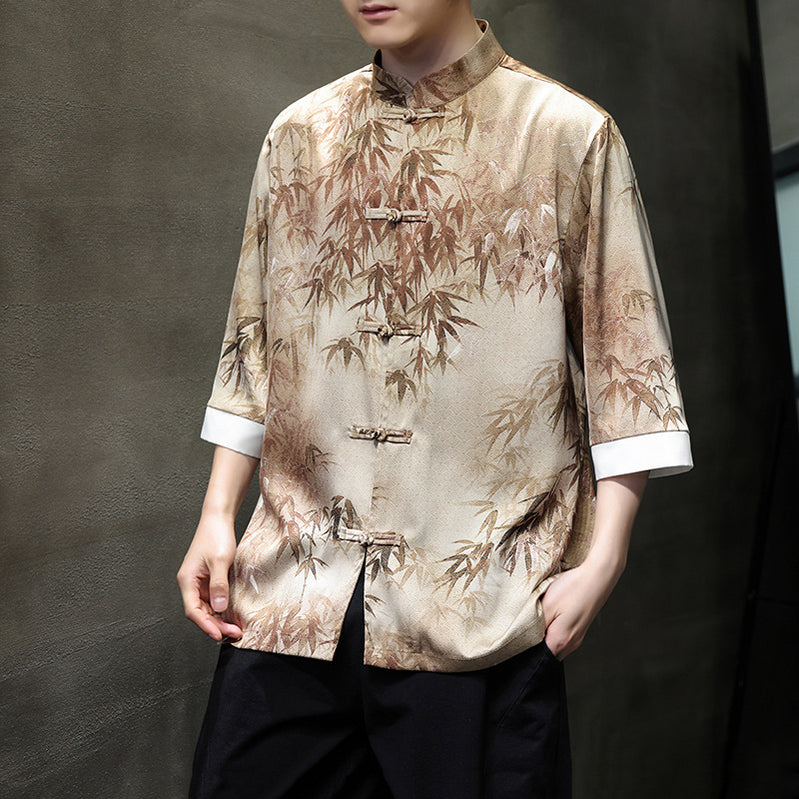 Chinese Vintage Men's Tang Linen Shirt with Bamboo Leaf Embroidery Designs
