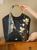 Elegant Black Bamboo Embroidered Handbag With Scarf Accent