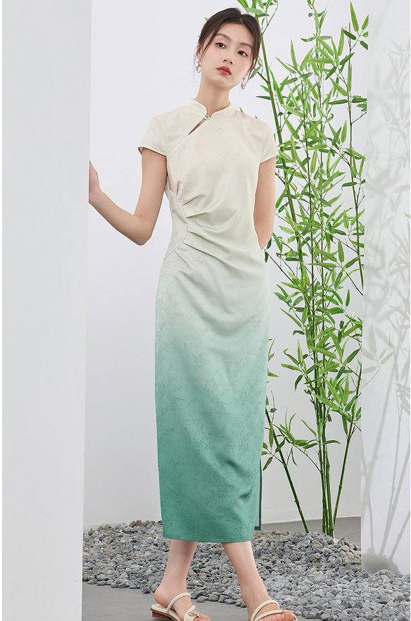 Elegant Gradient Cheongsam Midi Dress | Traditional Modern Qipao