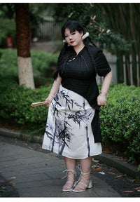 Traditional Black and White Cheongsam Dress Bamboo Print Asymmetrical