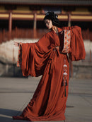 Qinhan Dynasty Hanfu Dress with Wide Sleeves and Vintage Embroidery - Red