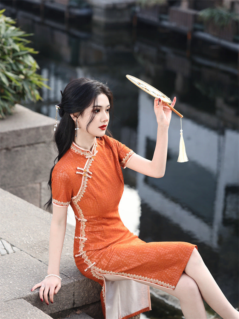 Elegant Orange Lace Cheongsam Dress with Traditional Detailing