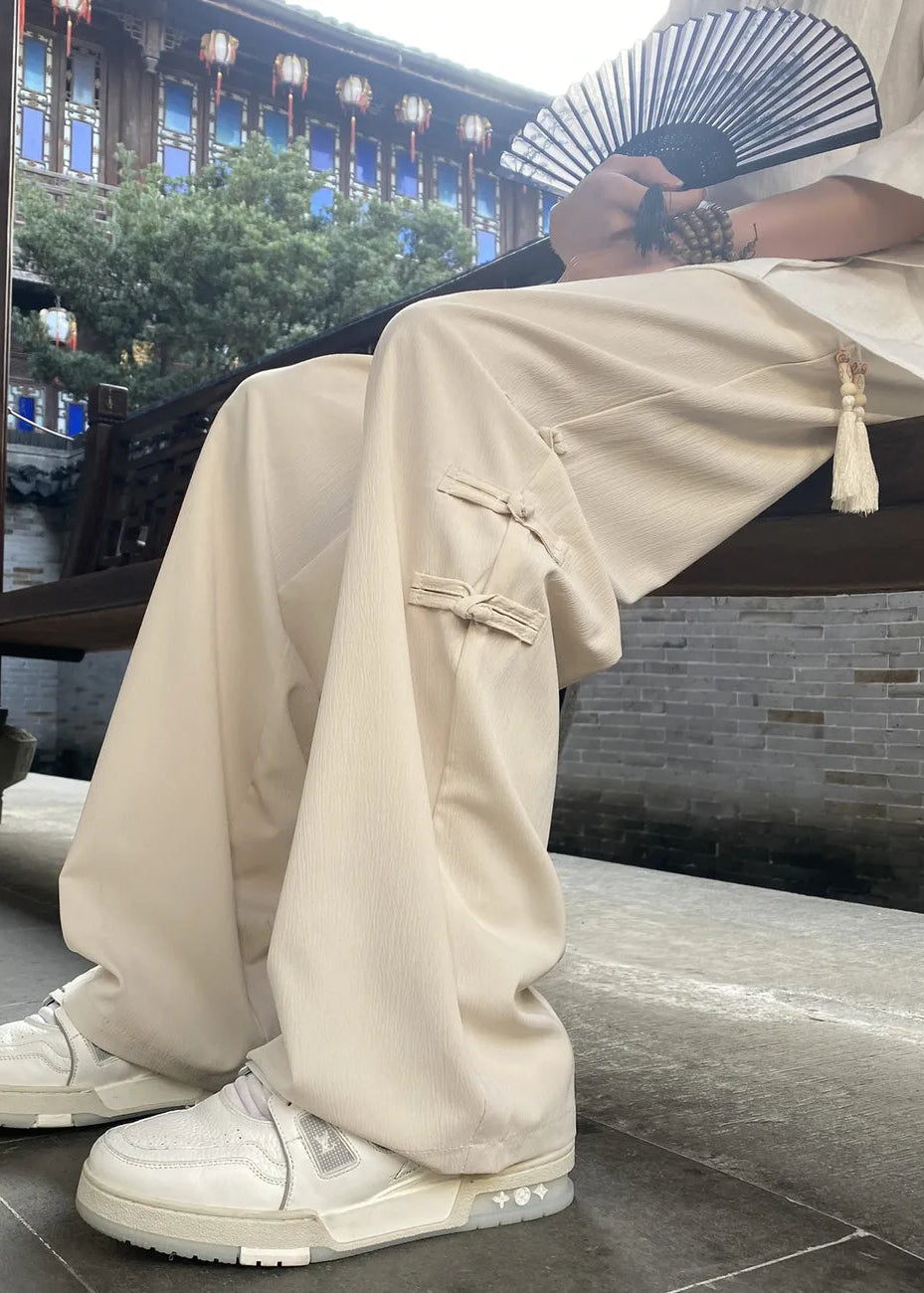 New Chinese Style Men’s Wide Leg Trousers | Side Frog Button Loose Summer Pants