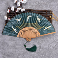 Elegant Bamboo Hand Fan with Crane Design and Gift Box