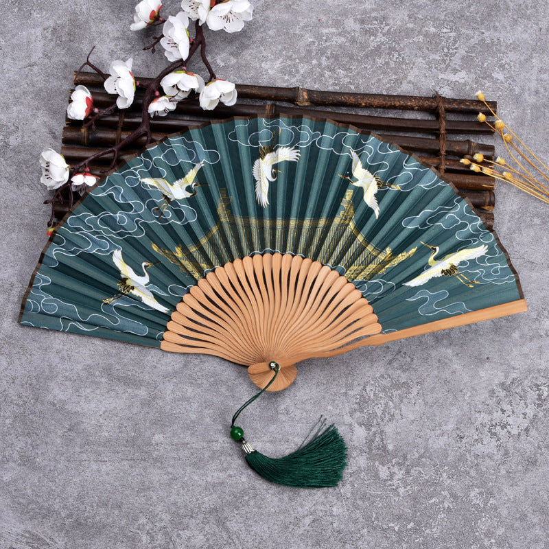 Elegant Bamboo Hand Fan with Crane Design and Gift Box