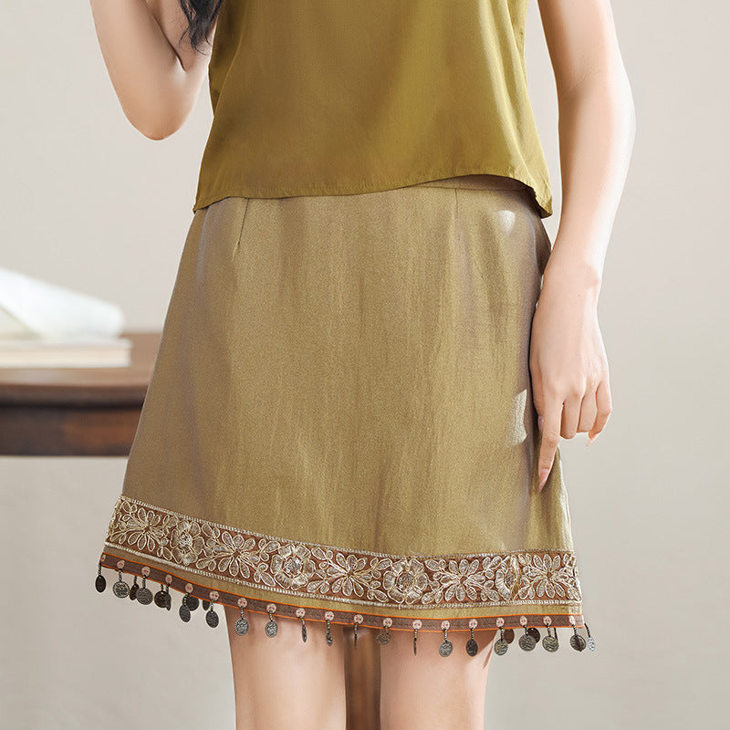 New Chinese Style Three-Piece Set with Embroidered Skirt, Tank Top, and Fringe Cardigan