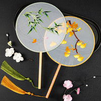 Double-Sided Embroidered Ginkgo Hand Fan with Golden Tassel