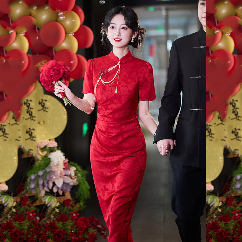 Red Floral Short Sleeve Mandarin Collar Wedding Qipao Dress